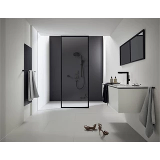 Hansgrohe Pulsify S Showerpipe 260, 2 jet EcoSmart, és ShowerTablet Select 400 falon kívüli zuhanyrendszer matt fekete