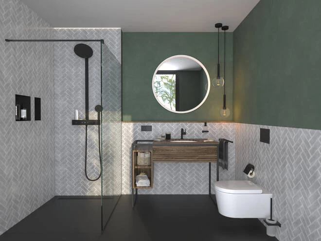 Hansgrohe Pulsify S Showerpipe 260, 2 jet EcoSmart, és ShowerTablet Select 400 falon kívüli zuhanyrendszer matt fekete