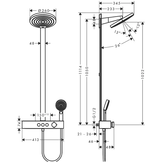 Hansgrohe Pulsify S Showerpipe 260, 2 jet EcoSmart, és ShowerTablet Select 400 falon kívüli zuhanyrendszer matt fekete