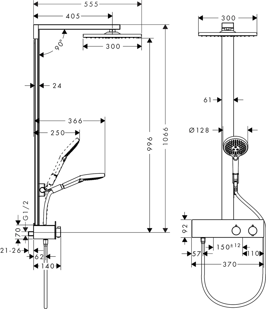Hansgrohe Raindance Square 300 1jet EcoSmart 9 l/perc Showerpipe