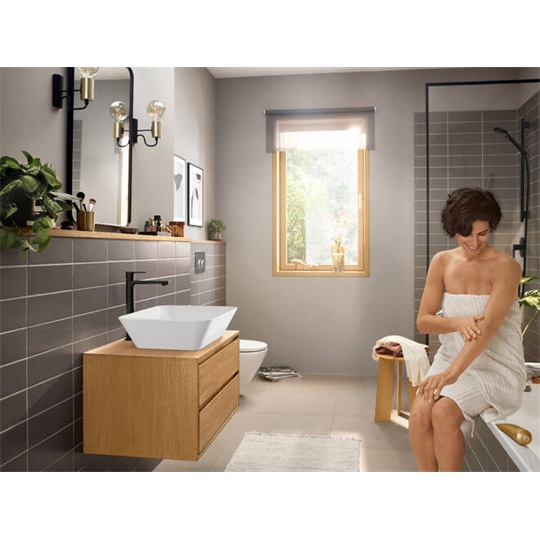 Hansgrohe Rebris E Egykaros mosdócsaptelep 240 kézmosókhoz, CoolStart, EcoSmart+,  a. lefolyógarnitúrával matt fekete