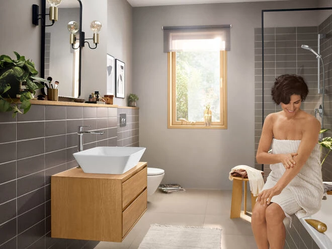 Hansgrohe Rebris E Egykaros mosdócsaptelep 240 kézmosókhoz, CoolStart, EcoSmart+,  automata lefolyógarnitúrával