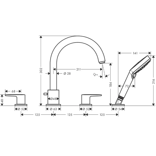 Hansgrohe Vernis Blend 4-lyukú peremre szerelhető kétkaros kádcsaptelep, króm