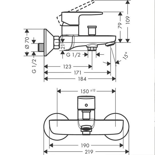 Hansgrohe Vernis Blend egykaros kádcsaptelep falsíkon kívüli szereléshez,króm
