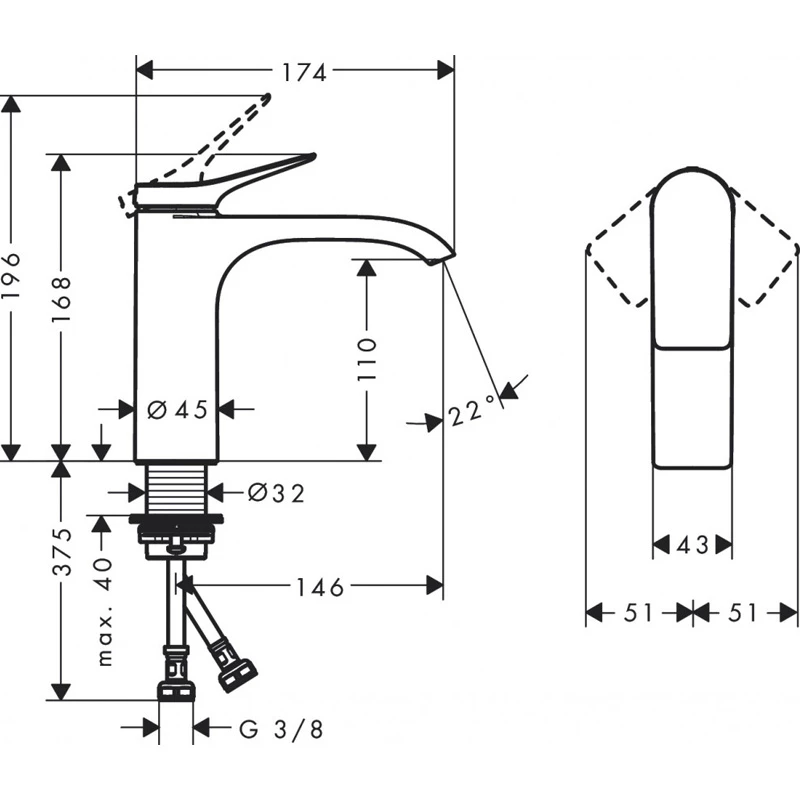 Hansgrohe Vivenis 110 egykaros álló mosdó csaptelep 175/100*146mm, lefolyó szelep nélkül, króm felület