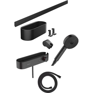 Hansgrohe WallStoris Szett  kézizuhany 105, 3 jet EcoSmart Activation, termosztát, zuhanyrúd 70cm, matt fekete