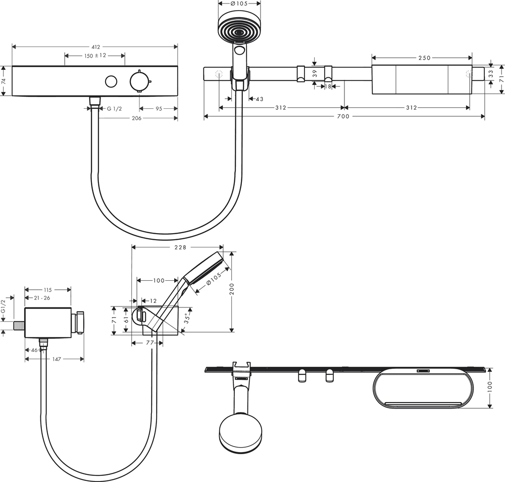 Hansgrohe WallStoris Szett  kézizuhany 105, 3 jet EcoSmart Activation, termosztát, zuhanyrúd 70cm, matt fekete
