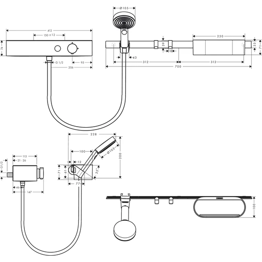 Hansgrohe WallStoris Szett  kézizuhany 105, 3 jet EcoSmart Activation, termosztát, zuhanyrúd 70cm, matt fekete