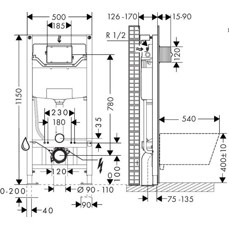 Hansgrohe iFrame universal falsík alatti öblítőrendszer, WC szerelőelem, 1120 mm, fali rögzítésű WC-hez