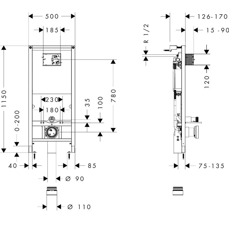 Hansgrohe iFrame universal falsík alatti öblítőrendszer, WC szerelőelem, 1120 mm, fali rögzítésű WC-hez