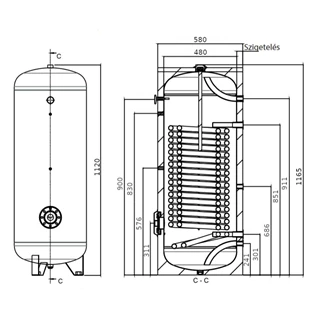 Heizer HMV-tároló egy hőcserélővel hőszivattyúhoz, BSH-163, 160l , átmérő:480/580/115mm,90kg1,2m2,fix szig.