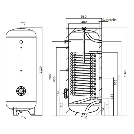 Heizer HMV-tároló egy hőcserélővel hőszivattyúhoz, BSH-163, 160l , átmérő:480/580/115mm,90kg1,2m2,fix szig.