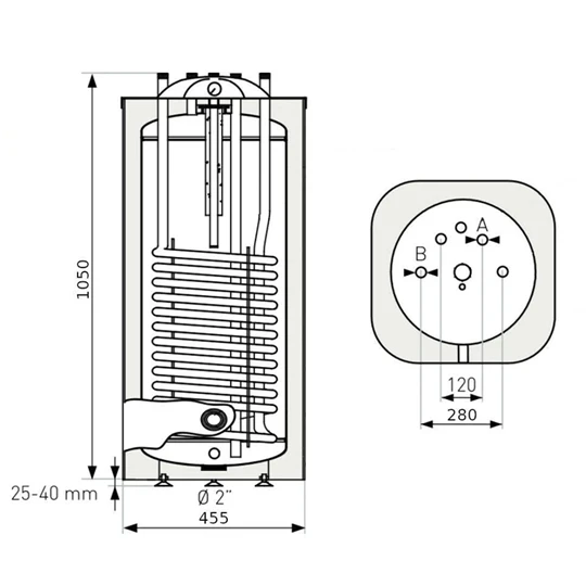 Heizer HMV-tároló egy hőcserélővel, szögletes, S-100 R, 101 literes, felső csatlakozókkal, 1.2m2, fém burkolat