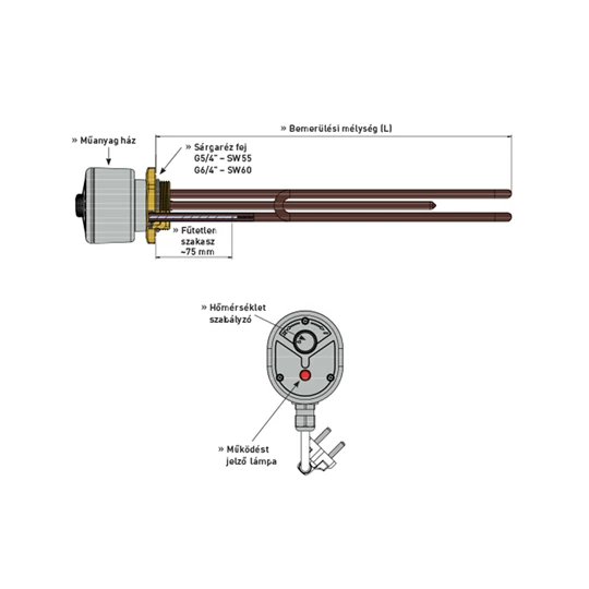 Heizer elektromos fűtőbetét, 2 kW, 5/4", 295 mm bemerülés, 240V, 1 fázis, (2KW-5/4-U1FC)