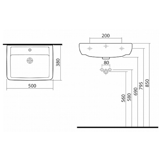 Kolo Rekord bútorba építhető szögletes mosdó túlfolyóval, csaplyukkal, kombinálható a K97100 szifontakaróval, 60x45 cm