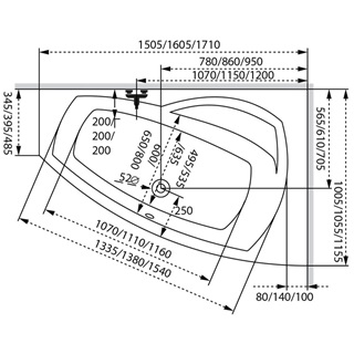 M-Acryl Claudia 170*115*450mm, balos aszimmetrikus akril kád, kádláb szettel,fehér