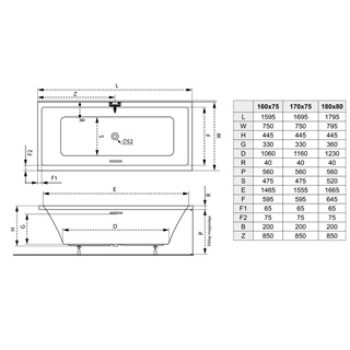 M-Acryl Sabina Pro 180x80cm akril középlefolyós kád kádlábbal és peremrögzítő szettel, vízszintes túlfolyóval