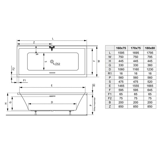 M-Acryl Sabina Pro Slim 180x80 cm akril középlefolyós kád kádlábbal és peremrögzítő szettel