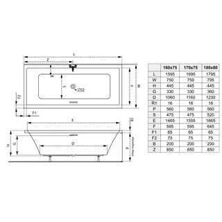 M-Acryl Sabina Pro Slim matt 180x80 + láb vízszintes túlfolyóval