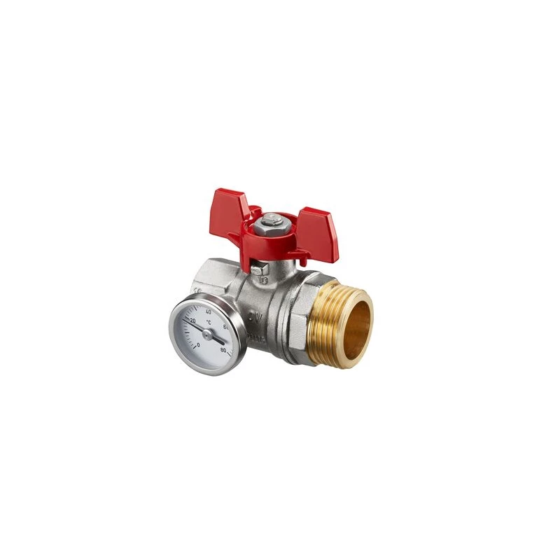 Oventrop Golyóscsap oszó-gyűjtőhöz, piros karral, hőmérővel,  1" bm x 1" km, lapos tömítéssel