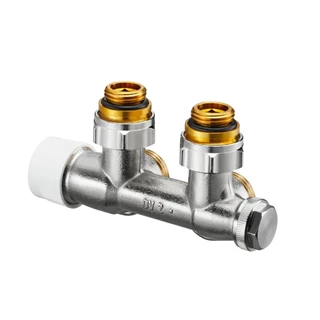 Oventrop Multiblock T csatlakozó szerelvény, 1/2" km x 3/4" km, kétcsöves, sárgaréz, sarok, kv=0.57, kvs=0.81