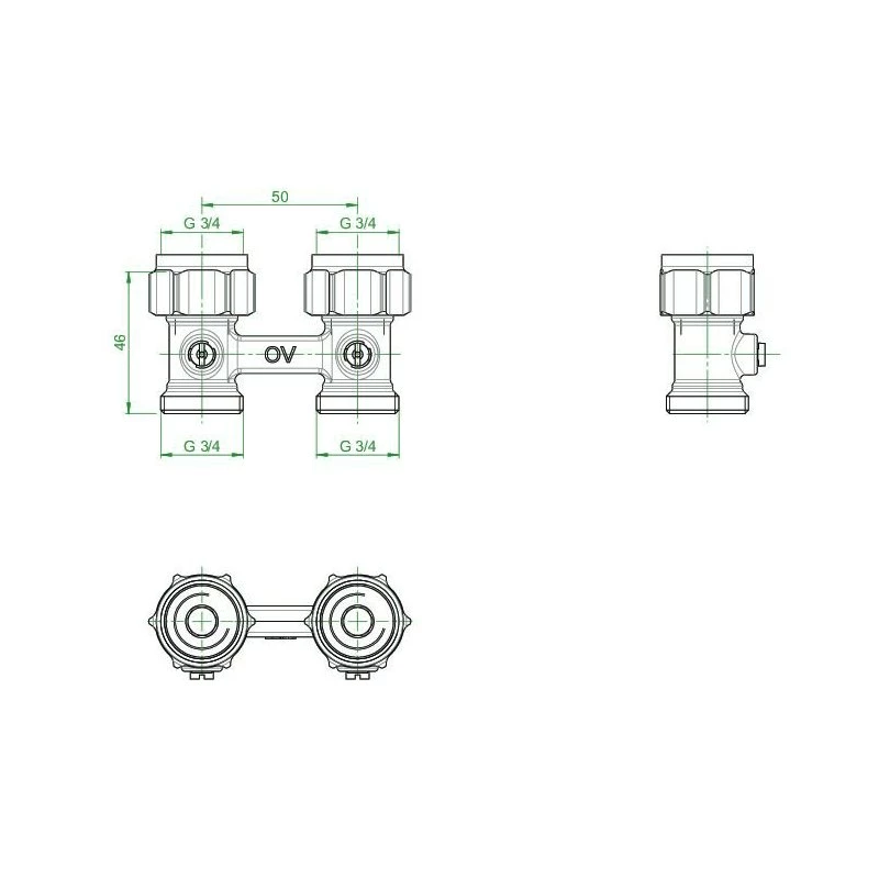 Oventrop Multiflex F kétcsöves fűtőtest-csatlakozás ZB, egyenes, 3/4" hollandi x 3/4" km, sárgaréz, nikkelezett