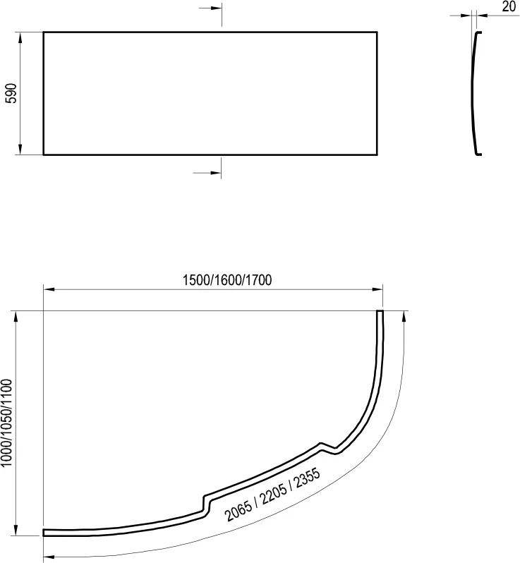 Ravak Asymmetric akril kád előlap 150 bal, 2065 x 590 mm, fehér
