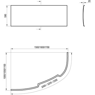 Ravak Asymmetric akril kád előlap 150 bal, 2065 x 590 mm, fehér