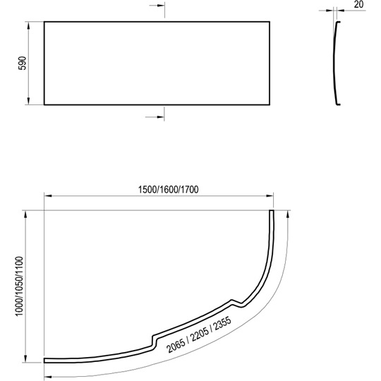 Ravak Asymmetric akril kád előlap 150 bal, 2065 x 590 mm, fehér