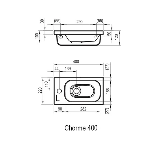 Ravak Chrome kézmosó, 400x220 mm, balos, öntött műmárvány, csaplyukkal, túlfolyó nélkül