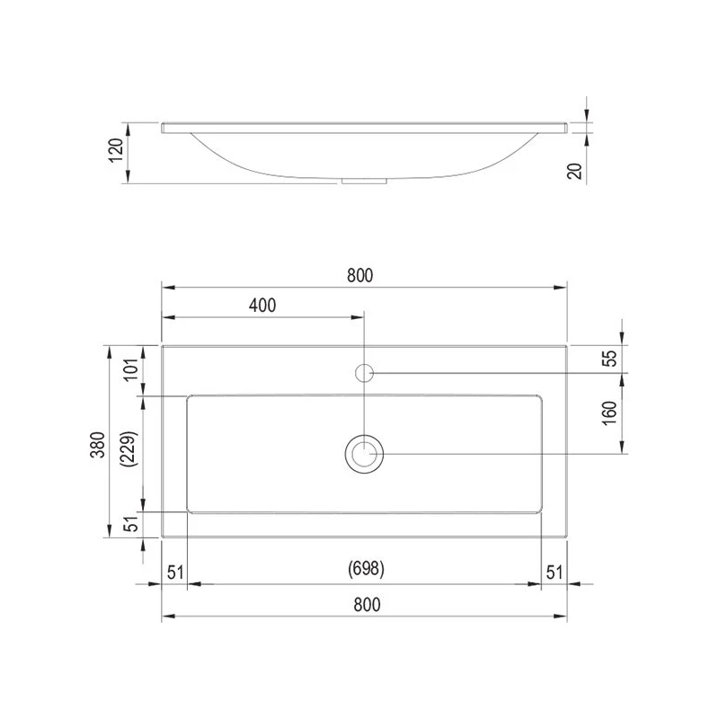 Ravak Clear öntött műmárvány mosdó, 800x380 mm, túlfolyó nélkül, önállóan nem rögzíthető, csak szekrénnyel