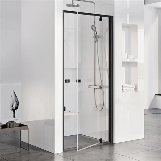 Ravak Pivot PDOP1-90 zuhanyajtó, fekete keret, transparent üveg, Anti-Calc bevonattal, 861-911x1900 mm