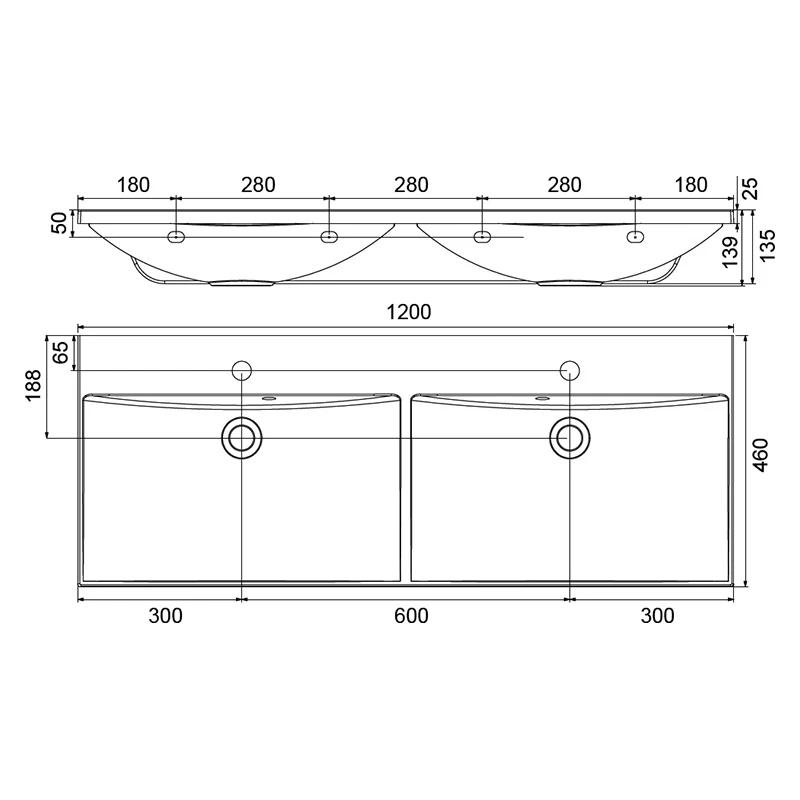 Ravak Flat Duo mosdó 1200x460 fehér túlfolyóval