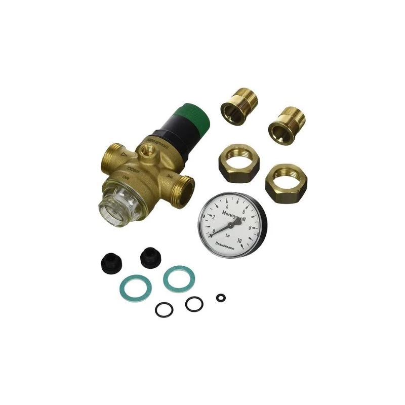 Honeywell Resideo Braukmann nyomáscsökkentő+ nyomásmérő, tehermentesített szelep, 3/4", KM+hollander, 1,5..6bar