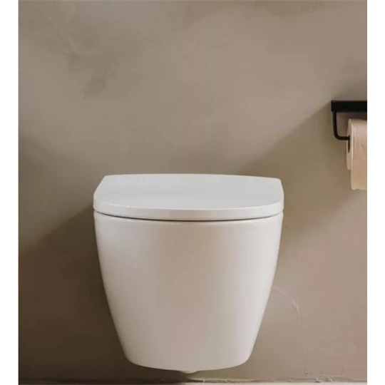 Roca Ona mély öblítésű, öblítő perem nélküli fali wc, ovális 530*360*390mm, rejtett rögzítéssel és rögzítő elemek, fehér
