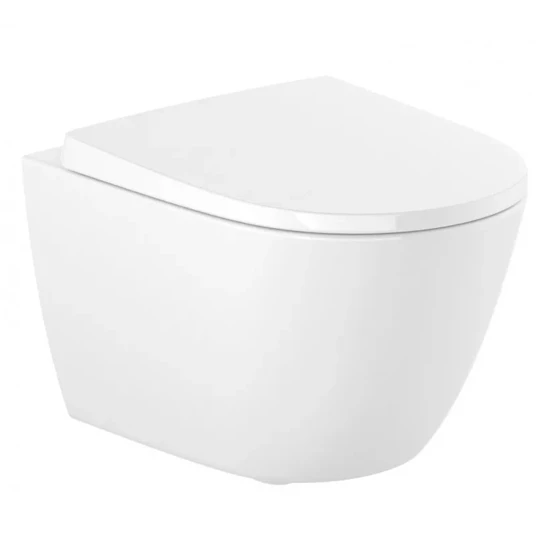 Roca Ona mély öblítésű, öblítő perem nélküli fali wc, ovális 530*360*390mm, rejtett rögzítéssel és rögzítő elemek, fehér