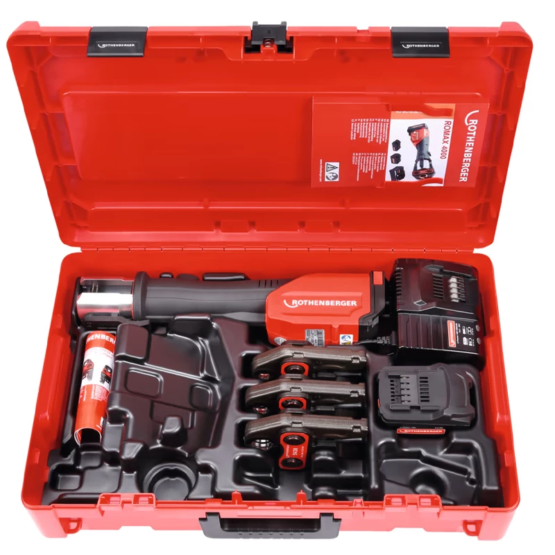 Rothenberger ROMAX 4000 présgép szett SV15-22-28 préspofa készlettel és 1db 4.0 Ah-s akkumulátorral,töltővel