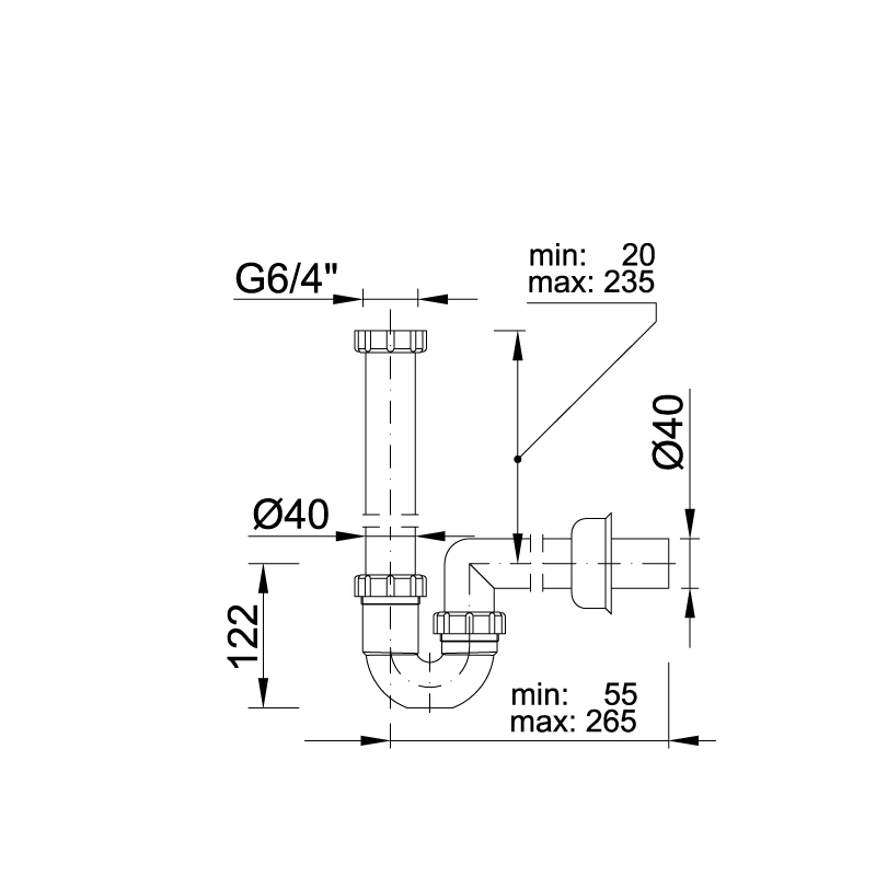 Styron csőszifon leeresztőszelep nélkül DN40