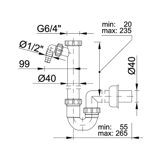 Styron csőszifon leeresztőszelep nélkül mosogatógép csatlakozóval
