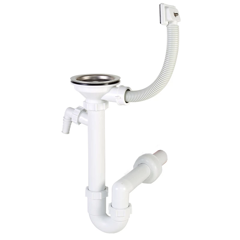 Styron egymedencés mosogató szifon, O114 mm-es leeresztőszeleppel, szögletes túlfolyóval, mosógép csatlakozóval O40 mm-e