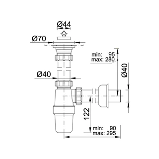Styron egymedencés mosogatószifon, leeresztőszelep nélkül, 40 mm-es elfolyással