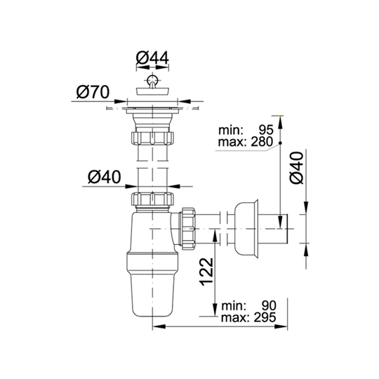 Styron egymedencés mosogatószifon, leeresztőszelep nélkül, 40 mm-es elfolyással