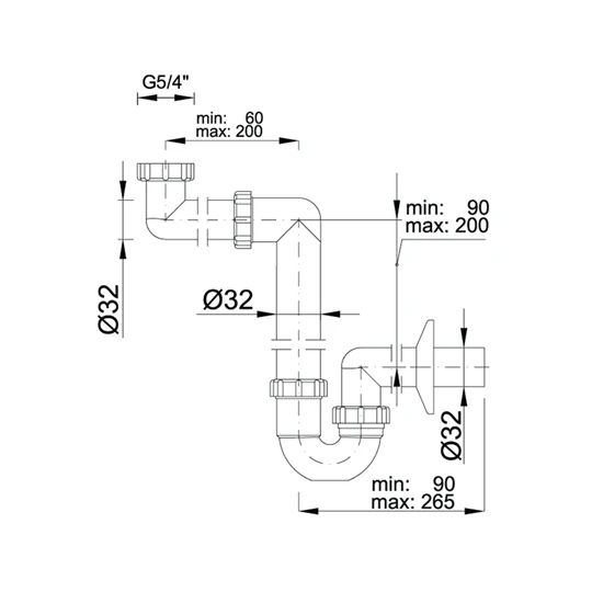 Styron helytakarékos csőszifon, leeresztőszelep nélkül, 32 mm-es elfolyással