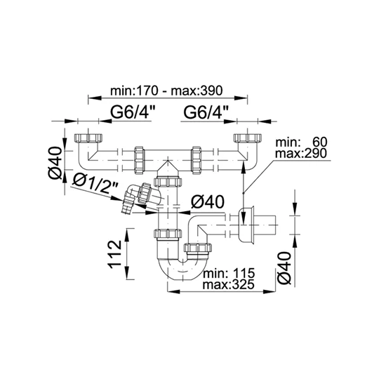 Styron kétmedencés csőszifon leeresztőszelep nélkül, mosogatógépcsatlakozóval