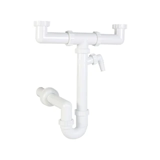 Styron kétmedencés csőszifon leeresztőszelep nélkül, mosogatógépcsatlakozóval