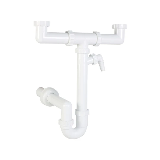 Styron kétmedencés csőszifon leeresztőszelep nélkül, mosogatógépcsatlakozóval