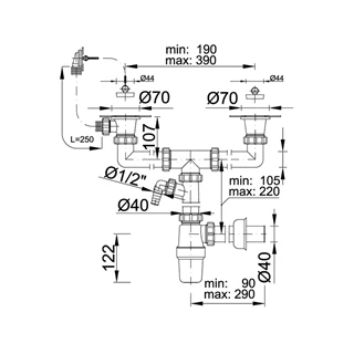 Styron kétmedencés mosogatószifon, túlfolyóval, két leeresztőszeleppel, mosogatógép csatlakozóval, 40 mm