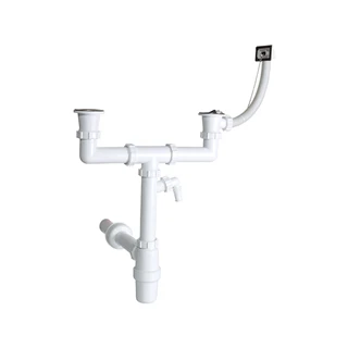 Styron kétmedencés mosogatószifon, túlfolyóval, két leeresztőszeleppel, mosogatógép csatlakozóval, 40 mm