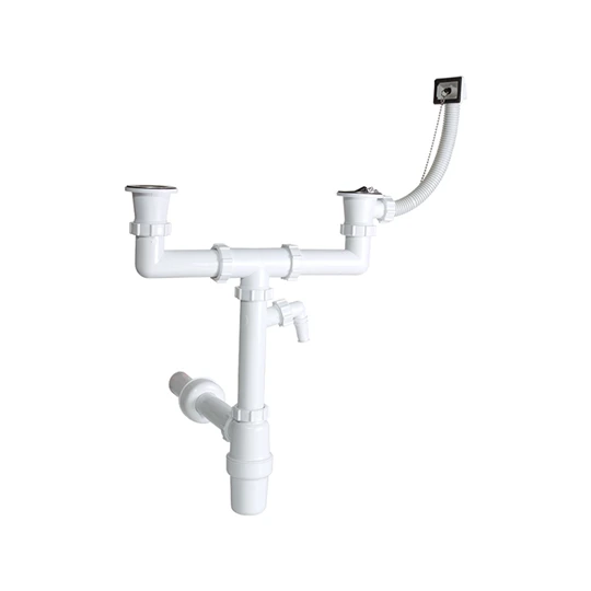Styron kétmedencés mosogatószifon, túlfolyóval, két leeresztőszeleppel, mosogatógép csatlakozóval, 40 mm