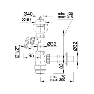 Styron mosdószifon leeresztőszeleppel mosógép csatlakozóval, 32mm-es elfolyással